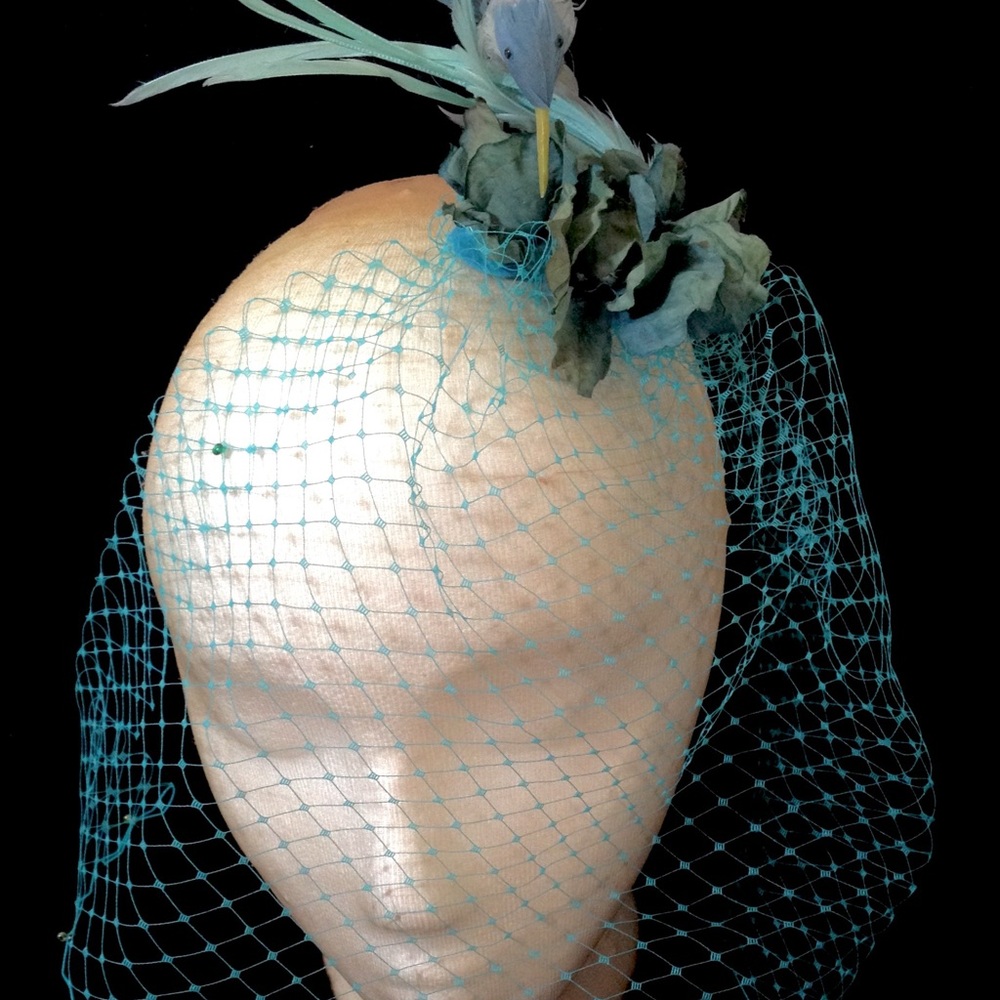 Elegant Blue Fascinator with Veil and Hummingbird